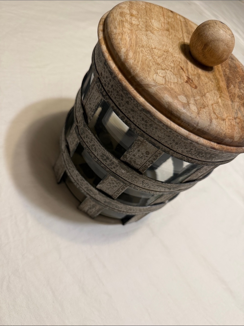 Pier 1 Gray Metal and Natural Wood Lidded Canister